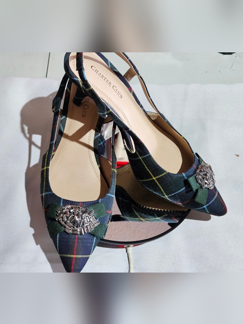 Charter Club Navy & Green Plaid Slingback Heels with Crystal Brooch 2018 ONLY